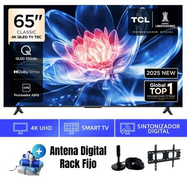 TELEVISOR 65'' TCL QLED 4K UHD GOOGLE TV 65T6C 2025 + ANT + RACK FIJO - 1
