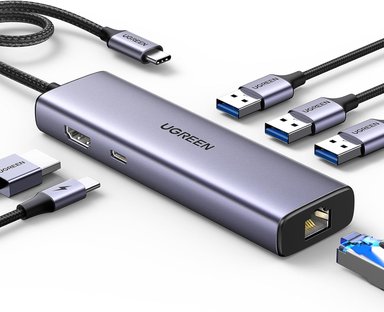 HUB UGREEN REVODOK USB C 6 EN 1 CON ADAPTADOR GIGABIT ETHERNET, CARGA PD DE 100W, HDMI 4K, X 3 USB-A - 1