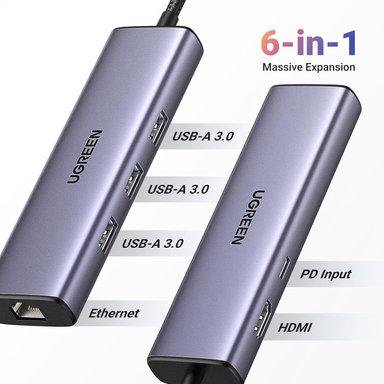 HUB UGREEN REVODOK USB C 6 EN 1 CON ADAPTADOR GIGABIT ETHERNET, CARGA PD DE 100W, HDMI 4K, X 3 USB-A - 3