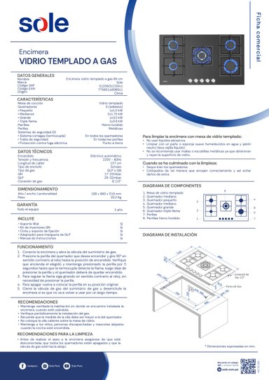 ENCIMERA VIDRIO TEMPLADO GLP/GN SOLE 5 HORNILLAS 86CM - 7