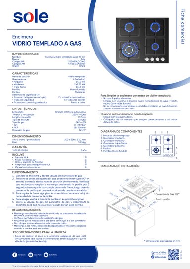 ENCIMERA VIDRIO TEMPLADO GLP/GN SOLE 4 HORNILLAS 59CM CWOK - 7
