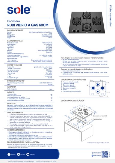 ENCIMERA RUBÍ VIDRIO TEMPLADO GLP/GN SOLE 4 HORNILLAS 60CM - 7