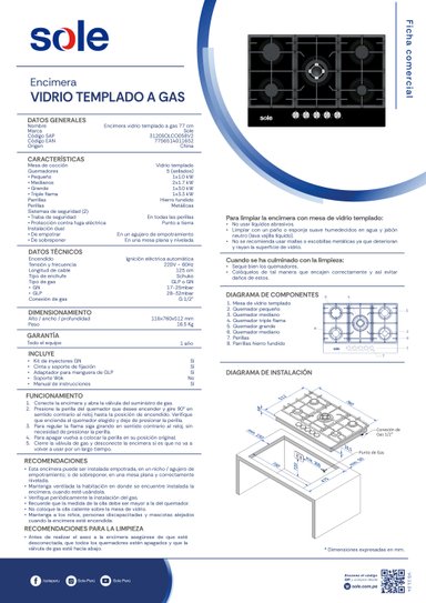 ENCIMERA VIDRIO TEMPLADO GLP/GN SOLE 5 HORNILLAS 77CM - 7