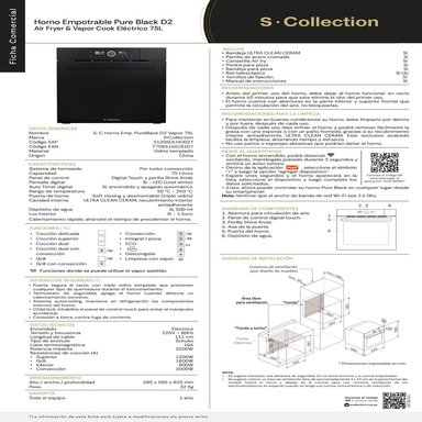 HORNO ELÉCTRICO S-COLLECTION EMPOTRABLE 75 L PUREBLACK D2 AIR FRYER Y VAPOR COOK - 10