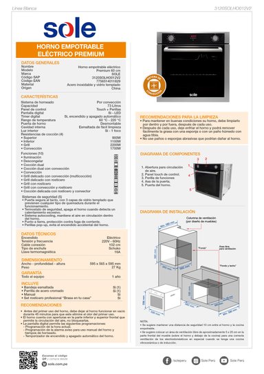 HORNO ELÉCTRICO SOLE EMPOTRABLE 73 L PREMIUM - 7