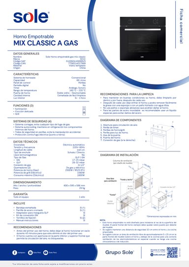 HORNO SOLE EMPOTRABLE 66 L MIX CLASSIC GLP/GN - 9