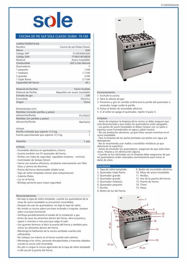 COCINA DE PIE GLP/GN SOLE 5 QUEMADORES 76 CM CLASSIC DUBAI - 4