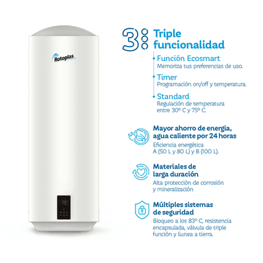 TERMA DE ACUMULACION ROTOPLAS 1500W ECOSMART PLUS WIFI 100LT - 3