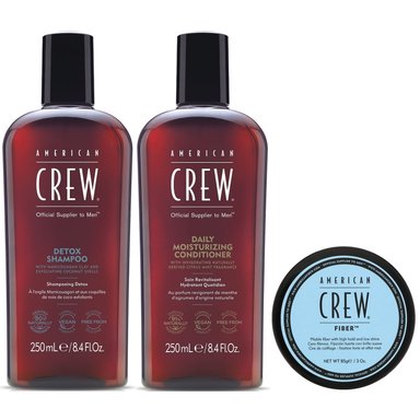 SHAMPOO AMERICAN CREW DETOX + ACONDICIONADOR + CERA FIBER MEN - 1
