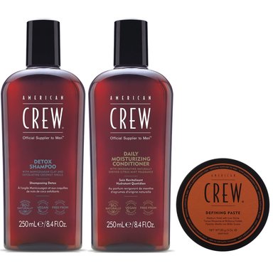 SHAMPOO AMERICAN CREW DETOX + ACONDICIONADOR + CERA DEFINING PASTE MEN - 1