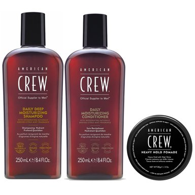 SHAMPOO AMERICAN CREW HIDRATANTE + ACONDICIONADOR + CERA HEAVY HOLD POMADE MEN - 1