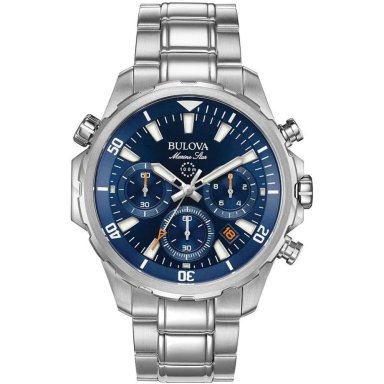 RELOJ BULOVA 96B256 MARINE STAR CRONOGRAFO 100 MTS PLATEADO FONDO AZUL - 1