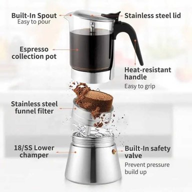 CAFETERA EXPRESSO COFFEE POINT MOKA ITALIANA 4 TAZAS VIDRIO/ACERO - 3
