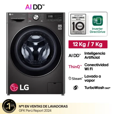 LAVASECA LG 12 KG/7KG CARGA FRONTAL WD12BVC2S6C AI DD INTELIGENCIA ARTIFICIAL NEGRO ACERO - 1