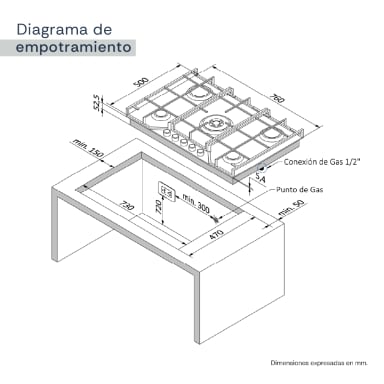 ENCIMERA EMPOTRABLE A GAS SOLE 5 HORNILLAS SOLCO064 - 10