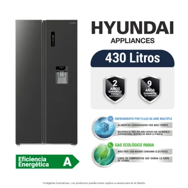 REFRIGERADORA HYUNDAI SIDE BY SIDE NO FROST HYRF450SXS 430L NEGRO MÉTALICO - 1