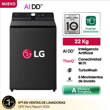 LAVADORA LG CARGA SUPERIOR 22KG WT22OBTX AI DD INTELIGENCIA ARTIFICIAL NEGRO ONYX - 1