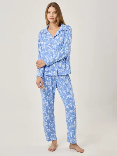 PIJAMA MANGA LARGA MUJER AZIZ CELESTE FLORAL - 1