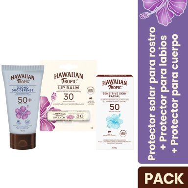 PACK HAWAIIAN TROPIC OZONO DUO DEFENSE SPF50 180 ML + SENSITIVE SKIN FACIAL SPF50 60 ML + LIP BALM SPF30 - 1