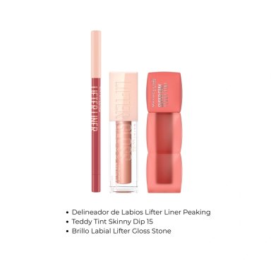 TRIO LABIALES NUDES MAYBELLINE LIFTER LINER PEAKING + TEDDY TINT 15 SKINNYDIP + LIFTER GLOSS STONE - 2