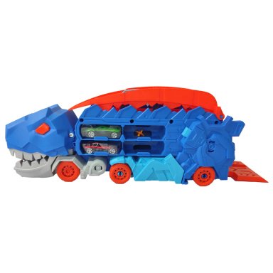 CAMIÓN REMOLQUE DINOSAURIO AZUL + 2 AUTOS METALICOS SPEED SHIFT - 1