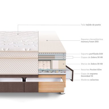 CAMA CON CAJONES PARAÍSO ROYAL CLOUD KING CHOCOLATE + 2 ALMOHADAS VISCOELÁSTICAS - 4
