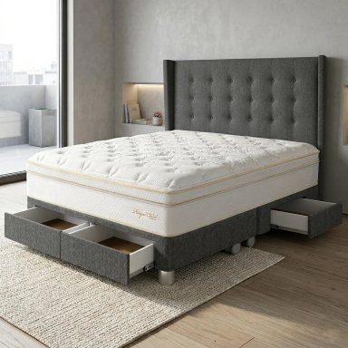 DORMITORIO CON CAJONES PARAÍSO ROYAL CLOUD QUEEN + CABECERA GOLD GRIS + 2 ALMOHADAS VISCOELÁSTICAS - 1
