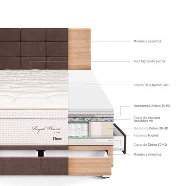 DORMITORIO CON CAJONES PARAÍSO ROYAL PRINCE 2 PLAZAS + CABECERA BLOCKS CHOCOLATE + 2 ALMOHADAS VISCOELÁSTICAS - 4