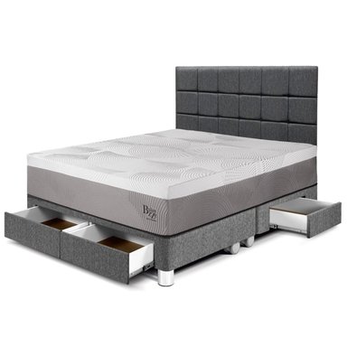 DORMITORIO CON CAJONES PARAÍSO BALANZZE KING ROYAL + CABECERA BLOCKS GRIS + 2 ALMOHADAS VISCOELÁSTICAS - 1