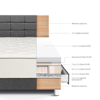 DORMITORIO CON CAJONES PARAÍSO ROYAL CROWN 1.5 PLAZAS + CABECERA BLOCKS GRIS + 1 ALMOHADA VISCOELÁSTICA - 4