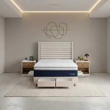 DORMITORIO RIZZOLI FIRENZE 2 PLAZAS CON CAJONES BEIGE + VELADOR MUNDIAL - 1