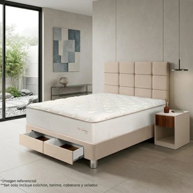 DORMITORIO CON CAJONES PARAÍSO ROYAL CROWN 2 PLAZAS + VELADOR + 2 ALMOHADAS VISCOELÁSTICAS - 1