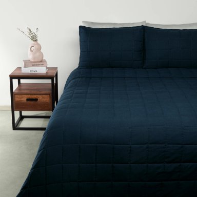 CUBRECAMA LISO QUEEN MICROFIBRA WASHED AZUL - 1
