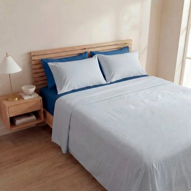 SET DE SÁBANAS ESTAMPADA/LISA QUEEN + 4 FUNDAS DE ALMOHADA AZUL/LÍNEAS - 1