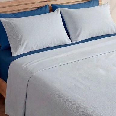 SET DE SÁBANAS ESTAMPADA/LISA QUEEN + 4 FUNDAS DE ALMOHADA AZUL/LÍNEAS - 2