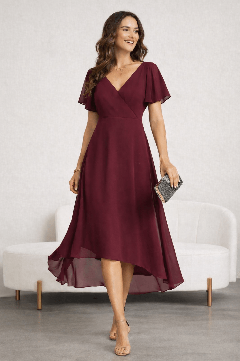 VESTIDO LARGO GASA ROJO VINO