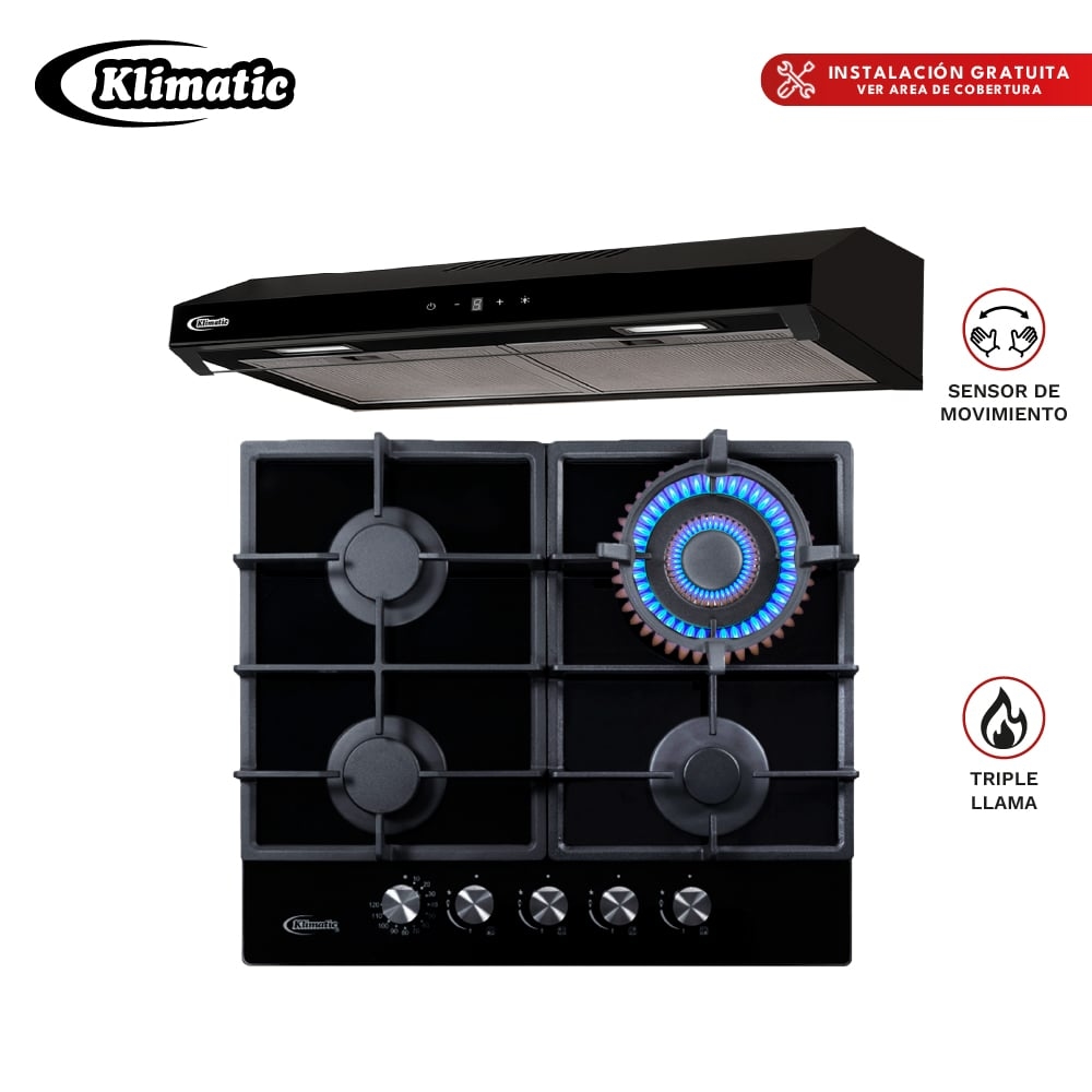 COMBO EMPOTRABLE KLIMATIC ENCIMERA A GAS TREVI 60 + CAMPANA VENTO BLACK PLUS 60CM