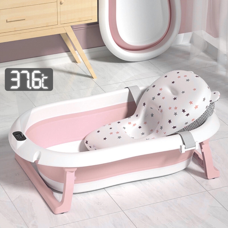 BAÑERA BABYKISS PLEGABLE CON TERMOMETRO Y COJIN PREMIUM ROSADO BEBE
