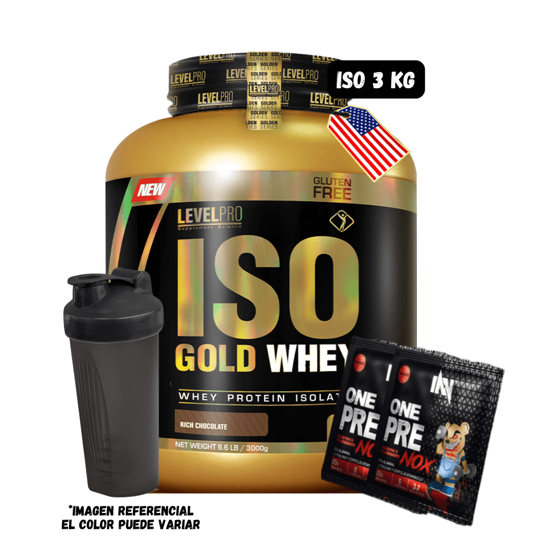 PROTEÍNA ISO GOLD WHEY 6.6 LIBRAS (CHOCOLATE) + SHAKER + 2 SACHET PRE ENTRENO ONE NOX