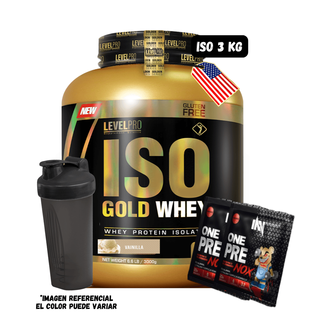 PROTEÍNA ISO GOLD WHEY 6.6 LIBRAS (VAINILLA) + SHAKER + 2 SACHET PRE ENTRENO ONE NOX