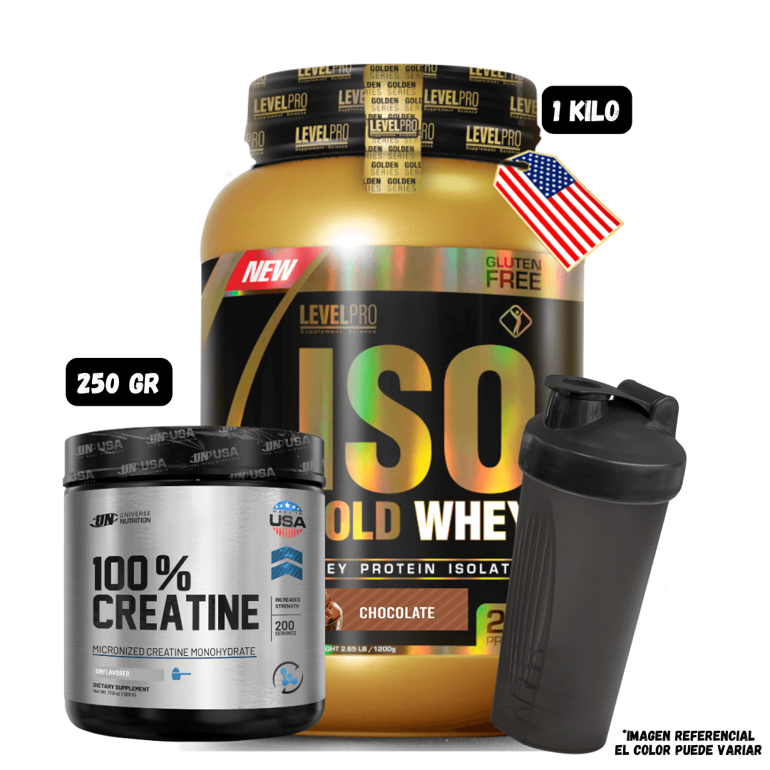 ISO GOLD WHEY 1.1 KG (CHOCOLATE) + CREATINA UN 250 GRAMOS + 1 SHAKER