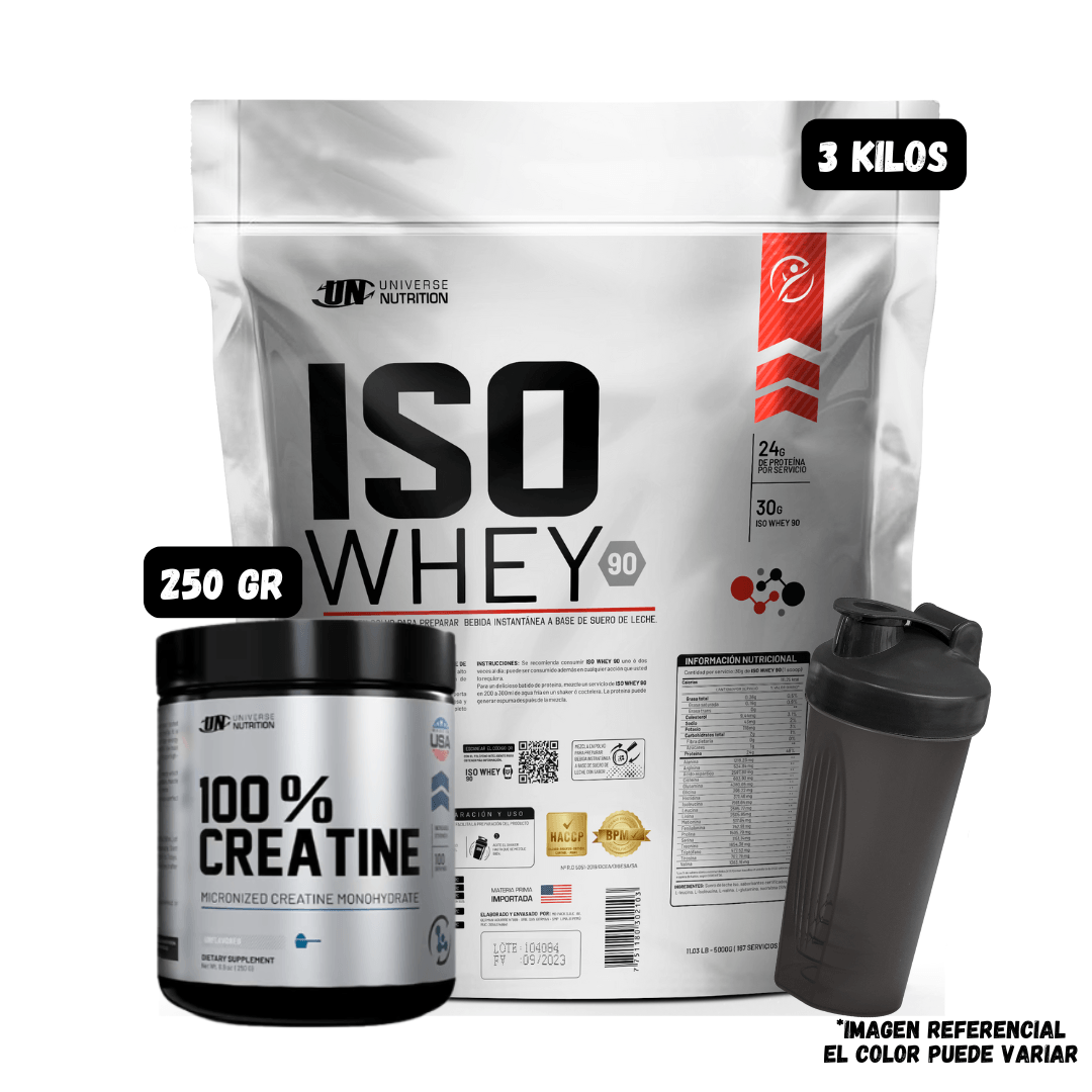 ISO WHEY 90 3 KG (CHOCOLATE) + CREATINA MONOHIDRATADA 250 GRAMOS + SHAKER