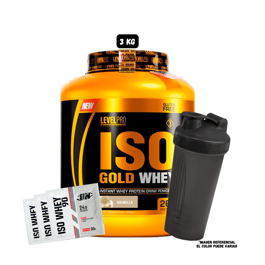 PROTEINA LEVEL PRO ISO GOLD WHEY 6.6 LBS (VAINILLA) + 1 SHAKER + 3 SACHET PROTEINA ISO WHEY