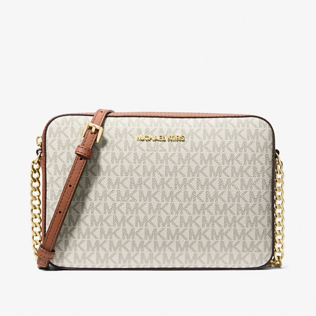 CARTERA MICHAEL KORS MUJER JET SET LOGO CROSSBODY BEIGE MONOGRAMA CADENA DORADA