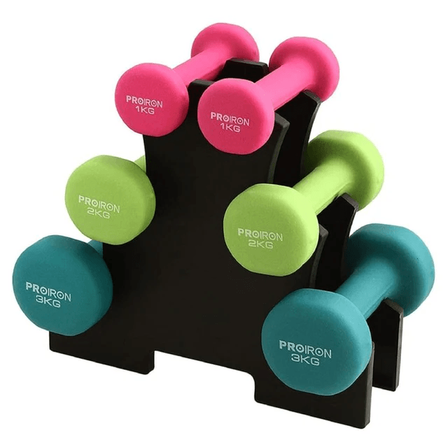 SET MANCUERNAS PROIRON NEOPRENO 1KG 2KG Y 3KG + RACK