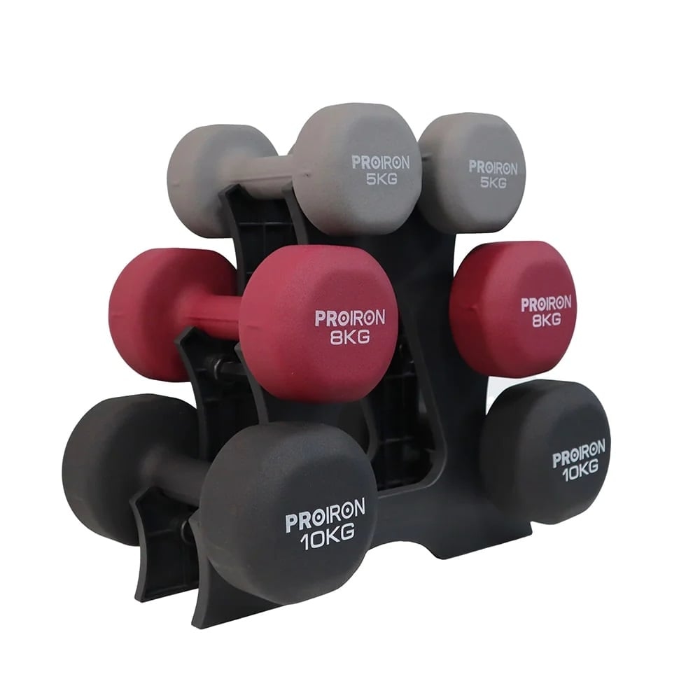 SET MANCUERNAS PROIRON NEOPRENO 5KG  8KG Y 10KG + RACK