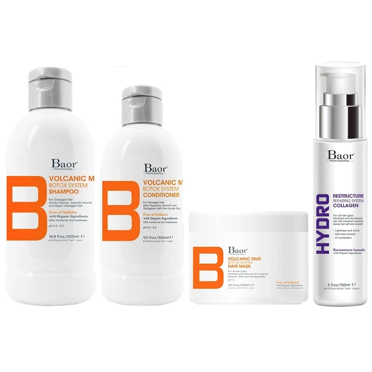SHAMPOO BAOR PROFESSIONAL + ACONDICIONADOR + MASCARILLA + HYDRO COLLAGEN B VOLCANIC MUD