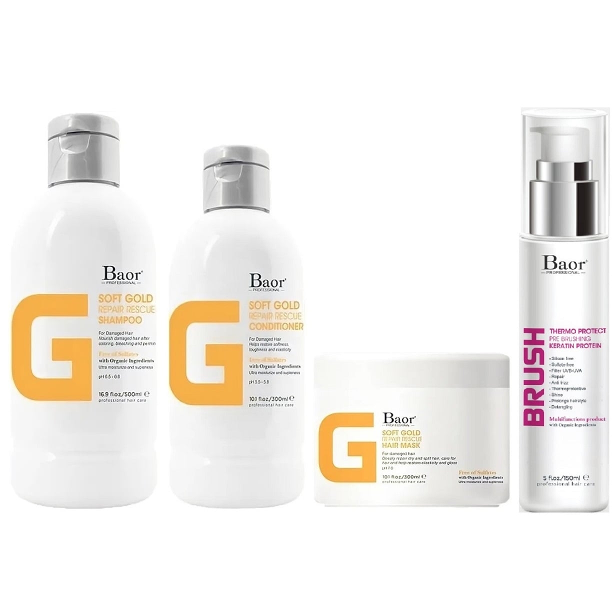 SHAMPOO BAOR PROFESSIONAL EMPHASEBSG012 + ACONDICIONADOR + MASCARILLA + BRUSH BAOR G SOFT GOLD