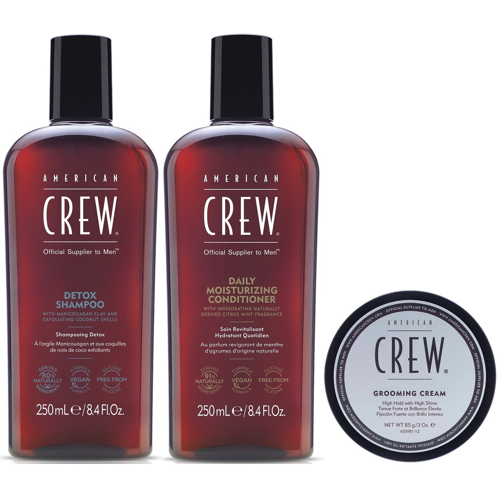 SHAMPOO AMERICAN CREW DETOX + ACONDICIONADOR + CERA GROOMING CREAM MEN