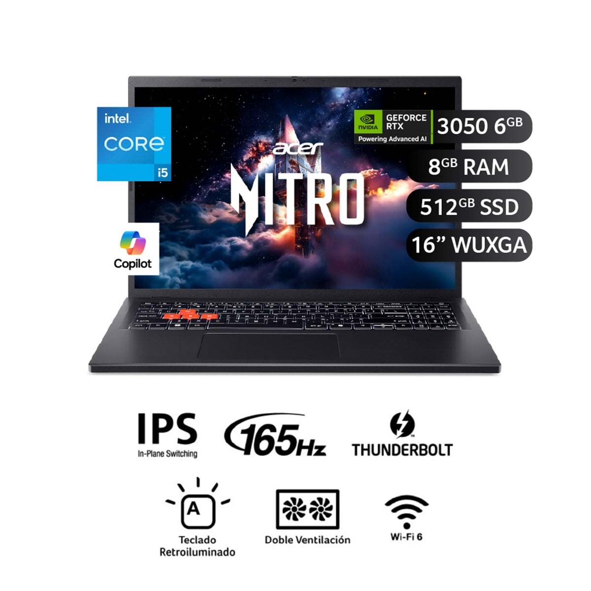 LAPTOP ACER NITRO LITE NL16-71G-580G INTEL CORE I5 8GB RAM 512GB SSD RTX 3050 16”